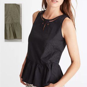 Madewell | Olive Green Embroidered Sleeveless Peplum Tank Top